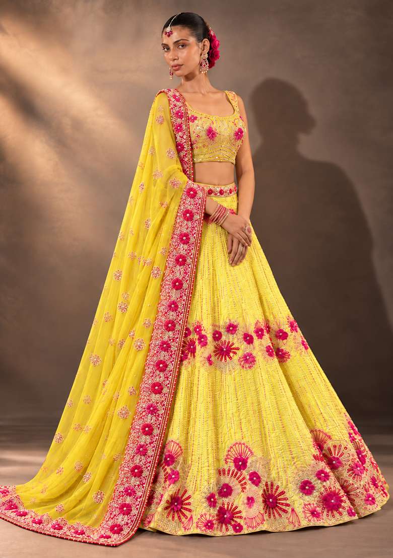 Lemon Yellow Sequin and Cutdana Embellished Chanderi Silk Lehenga Set with Organza Dupatta - Indya