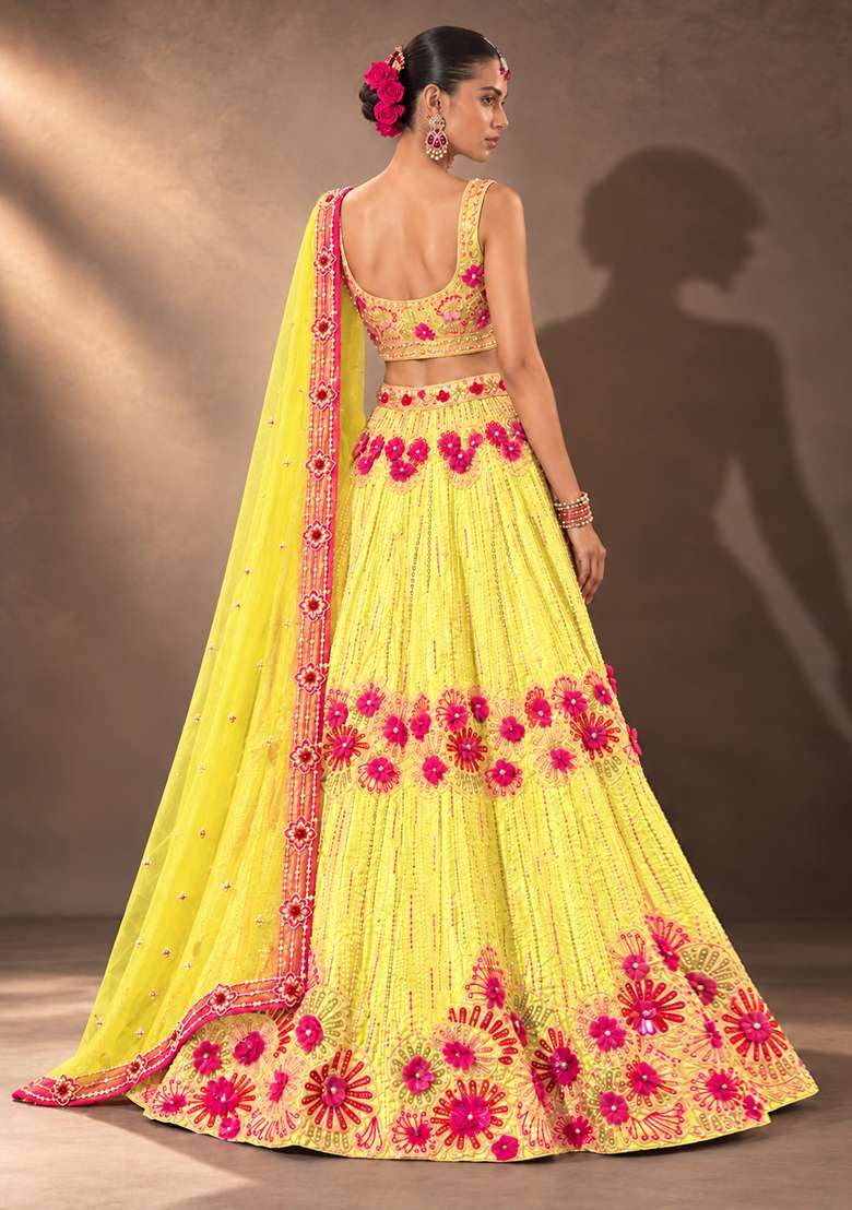 Lemon Yellow Sequin and Cutdana Embellished Chanderi Silk Lehenga Set with Organza Dupatta - Indya