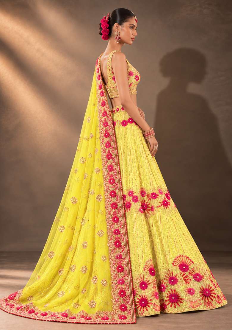 Lemon Yellow Sequin and Cutdana Embellished Chanderi Silk Lehenga Set with Organza Dupatta - Indya