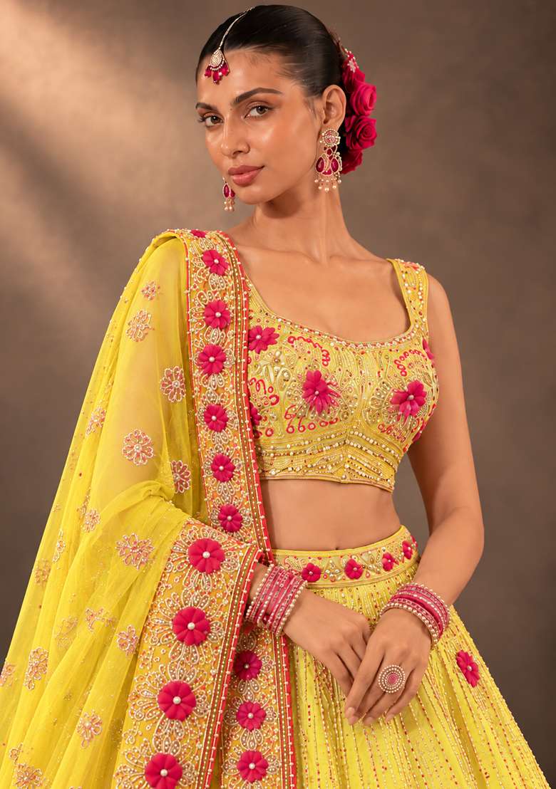 Lemon Yellow Sequin and Cutdana Embellished Chanderi Silk Lehenga Set with Organza Dupatta - Indya