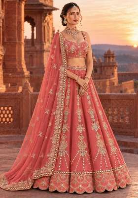 Coral Sequin and Bead Embellished Chanderi Silk Lehenga Set with Organza Dupatta