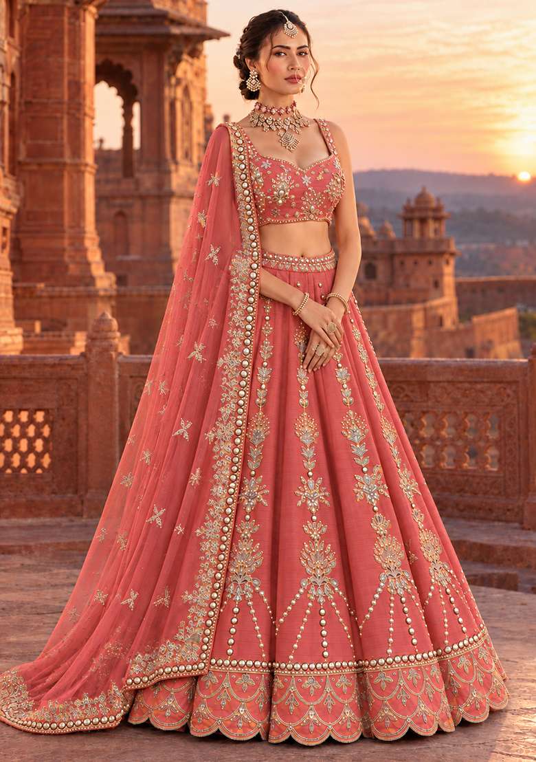 Coral Sequin and Bead Embellished Chanderi Silk Lehenga Set with Organza Dupatta - Indya