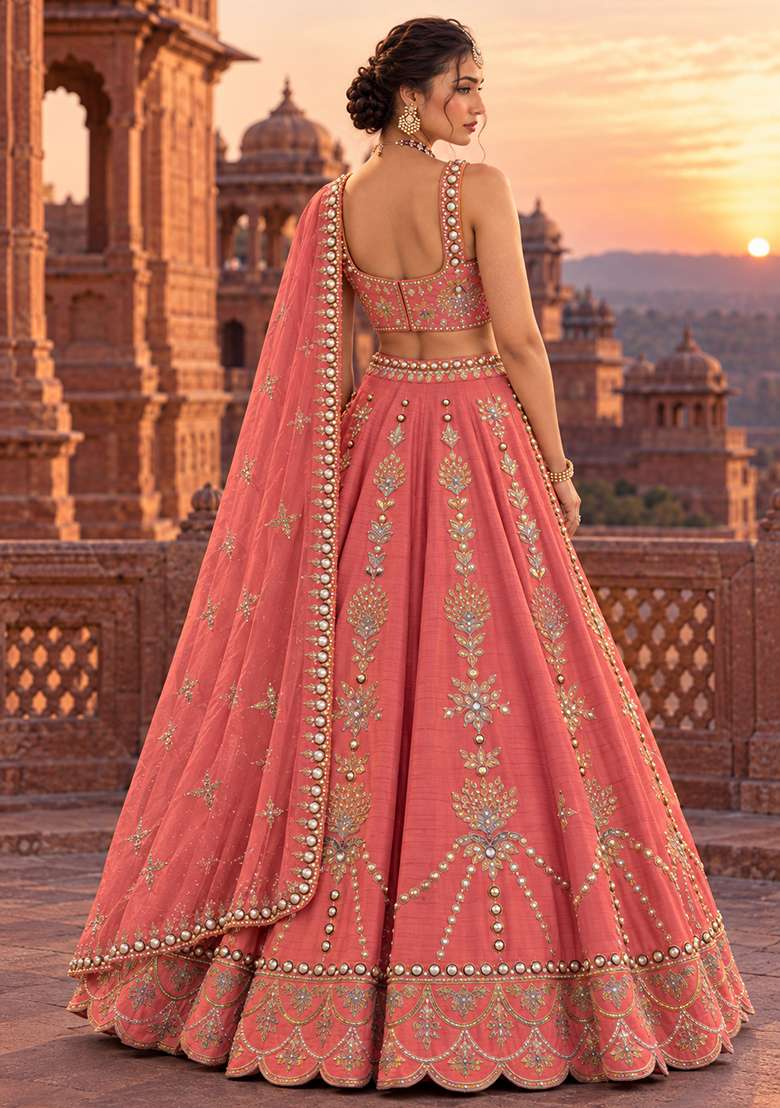 Coral Sequin and Bead Embellished Chanderi Silk Lehenga Set with Organza Dupatta - Indya