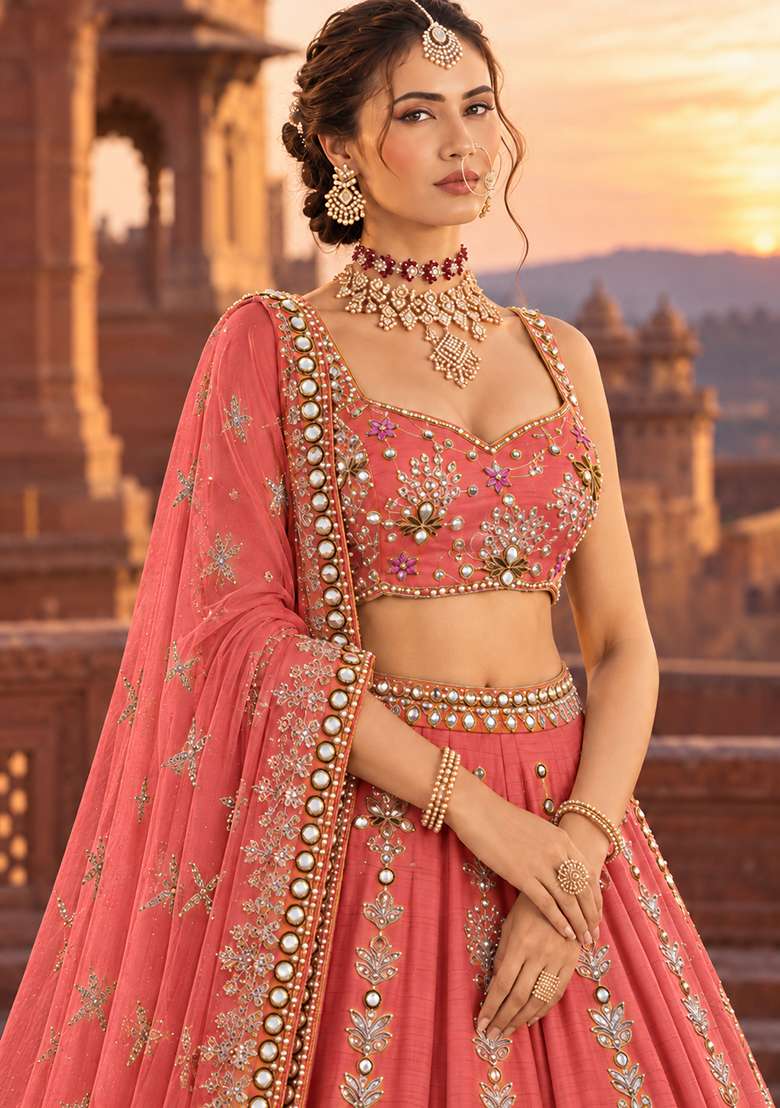 Coral Sequin and Bead Embellished Chanderi Silk Lehenga Set with Organza Dupatta - Indya