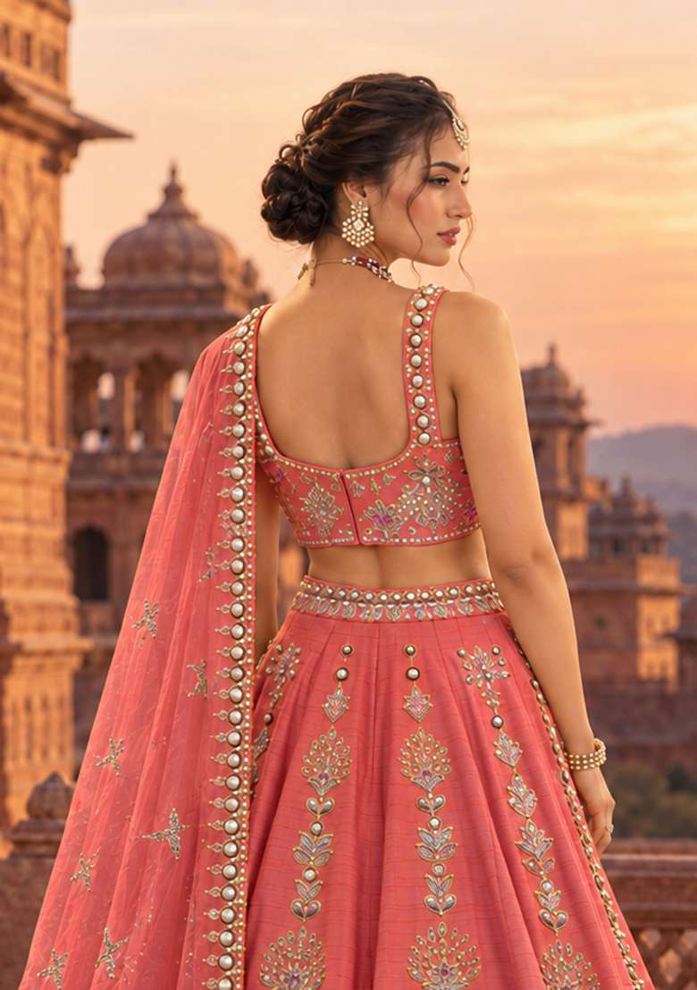 Coral Sequin and Bead Embellished Chanderi Silk Lehenga Set with Organza Dupatta - Indya