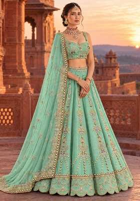 Ocean Blue Sequin and Bead Embellished Chanderi Silk Lehenga Set with Organza Dupatta