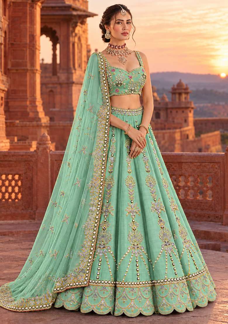 Ocean Blue Sequin and Bead Embellished Chanderi Silk Lehenga Set with Organza Dupatta - Indya