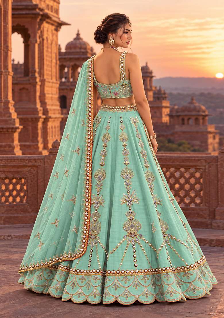 Ocean Blue Sequin and Bead Embellished Chanderi Silk Lehenga Set with Organza Dupatta - Indya