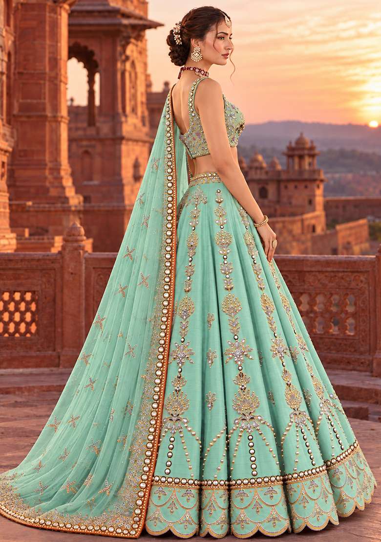 Ocean Blue Sequin and Bead Embellished Chanderi Silk Lehenga Set with Organza Dupatta - Indya