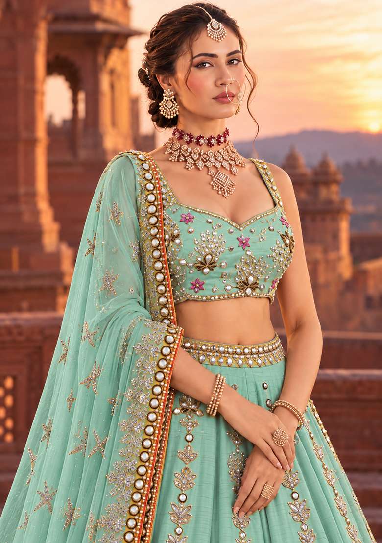 Ocean Blue Sequin and Bead Embellished Chanderi Silk Lehenga Set with Organza Dupatta - Indya