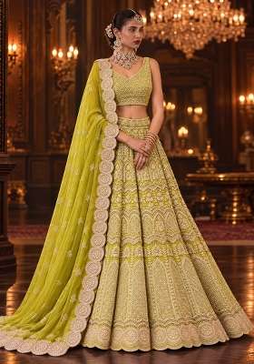 Lime Yellow Sequin and Cutdana Embellished Georgette Lehenga Set with Matching Dupatta