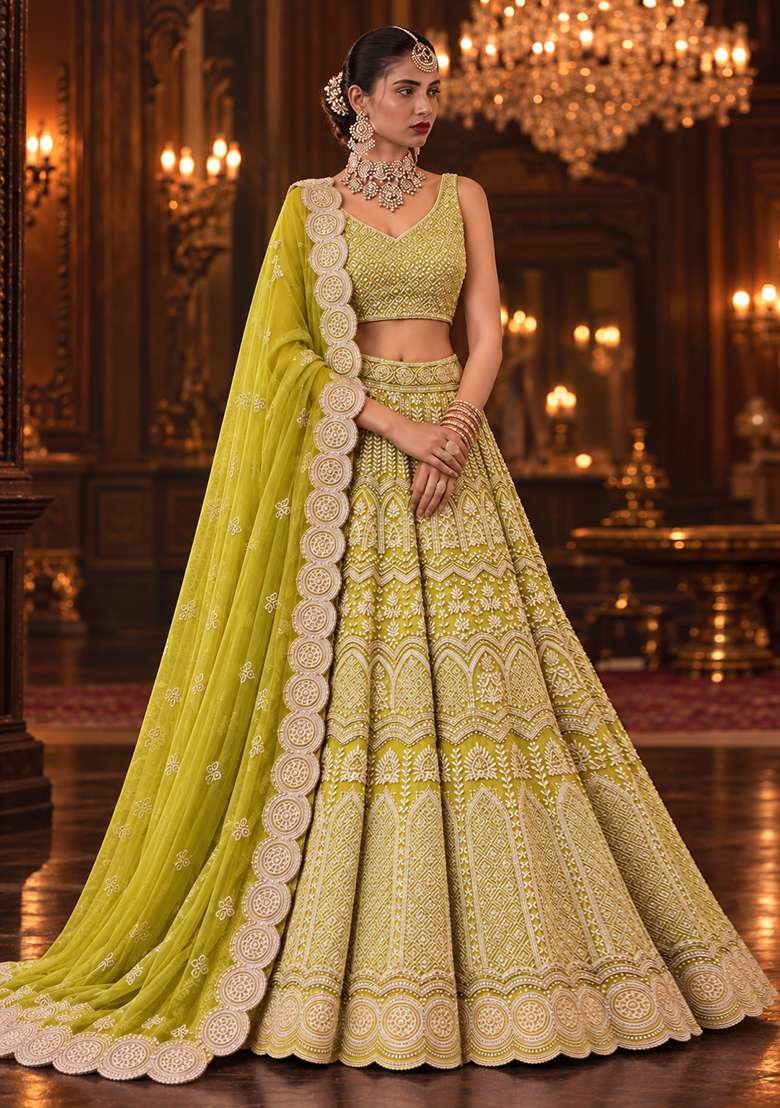 Lime Yellow Sequin and Cutdana Embellished Georgette Lehenga Set with Matching Dupatta - Indya