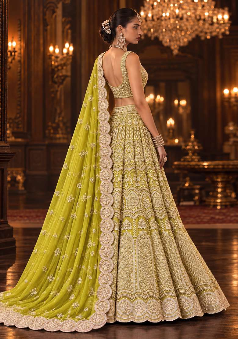 Lime Yellow Sequin and Cutdana Embellished Georgette Lehenga Set with Matching Dupatta - Indya