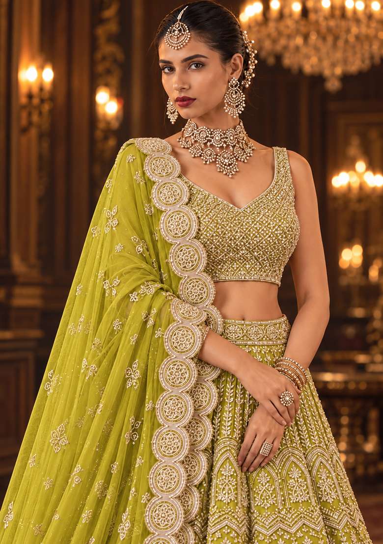 Lime Yellow Sequin and Cutdana Embellished Georgette Lehenga Set with Matching Dupatta - Indya