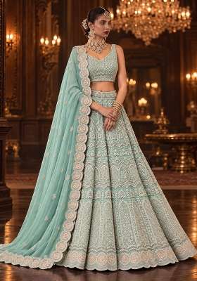Ocean Blue Sequin and Cutdana Embellished Georgette Lehenga Set with Matching Dupatta