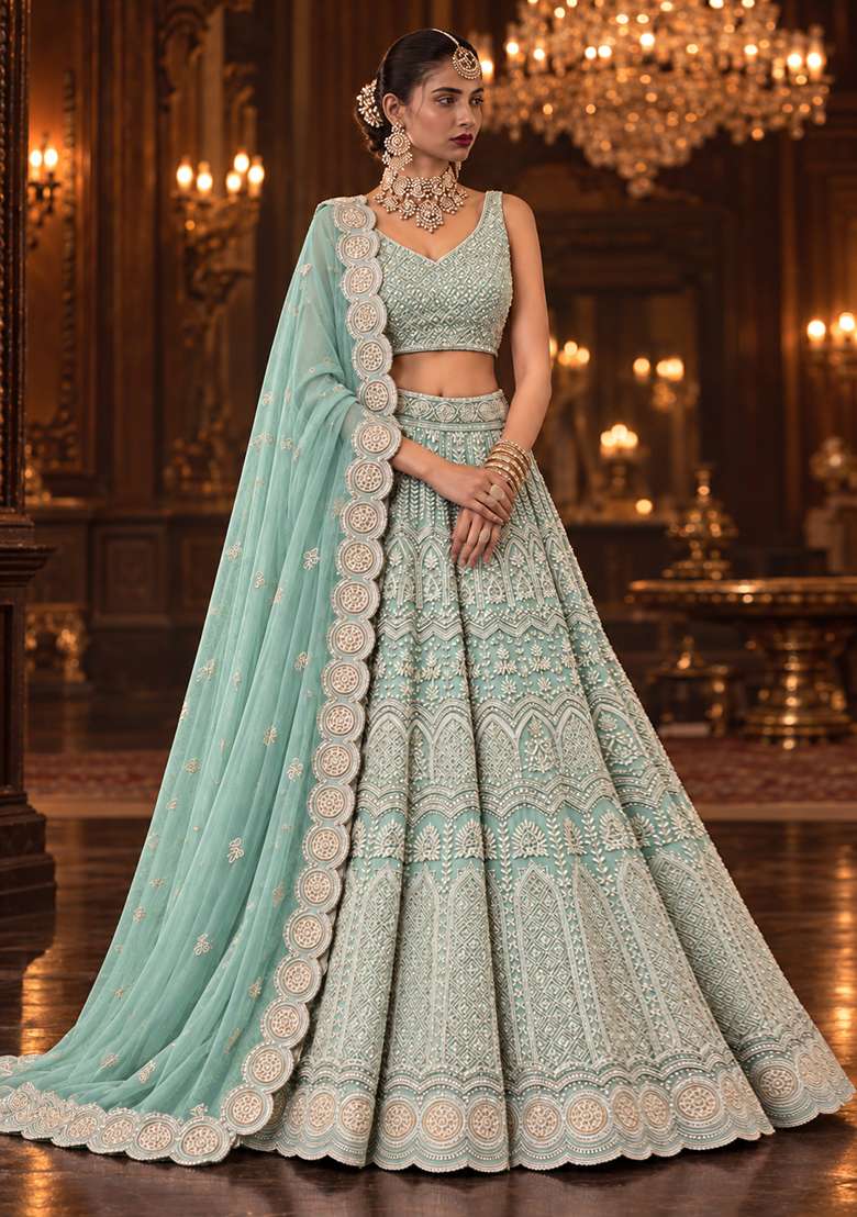 Ocean Blue Sequin and Cutdana Embellished Georgette Lehenga Set with Matching Dupatta - Indya