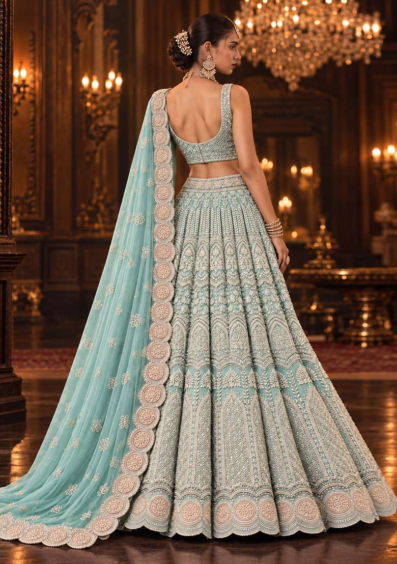 Ocean Blue Sequin and Cutdana Embellished Georgette Lehenga Set with Matching Dupatta - Indya