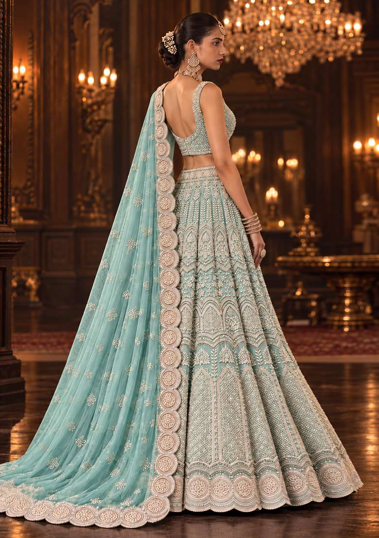 Ocean Blue Sequin and Cutdana Embellished Georgette Lehenga Set with Matching Dupatta - Indya