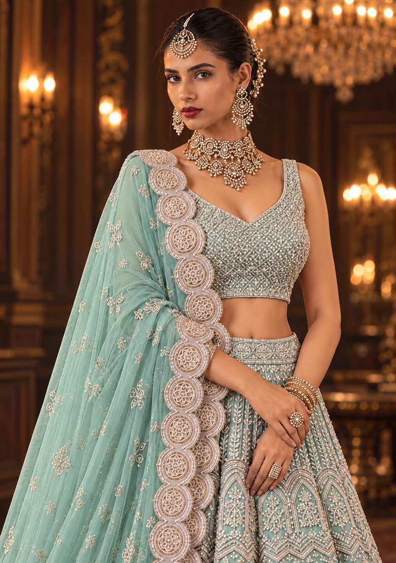Ocean Blue Sequin and Cutdana Embellished Georgette Lehenga Set with Matching Dupatta - Indya
