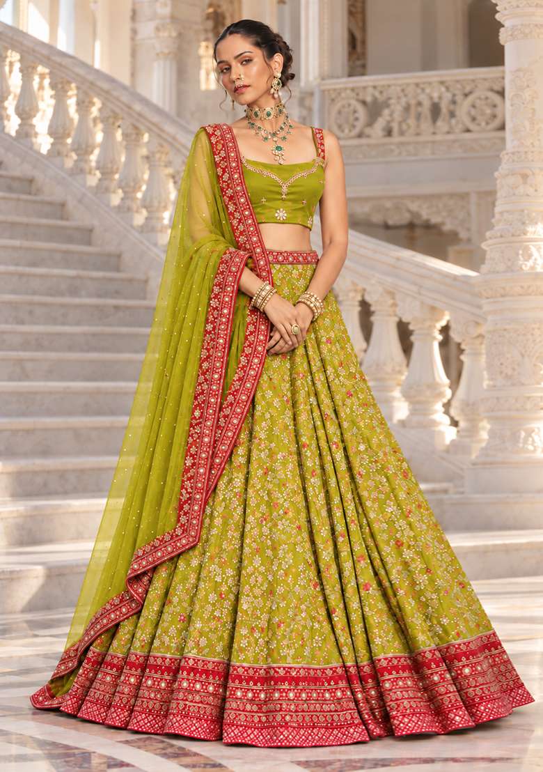 Lime Yellow Cutdana Embellished Net Lehenga Set with Matching Dupatta - Indya