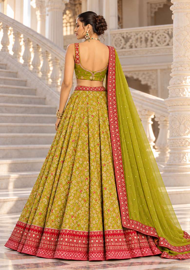 Lime Yellow Cutdana Embellished Net Lehenga Set with Matching Dupatta - Indya