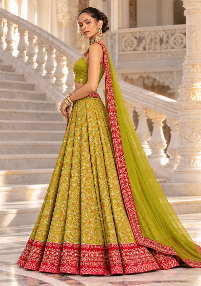 Lime Yellow Cutdana Embellished Net Lehenga Set with Matching Dupatta - Indya