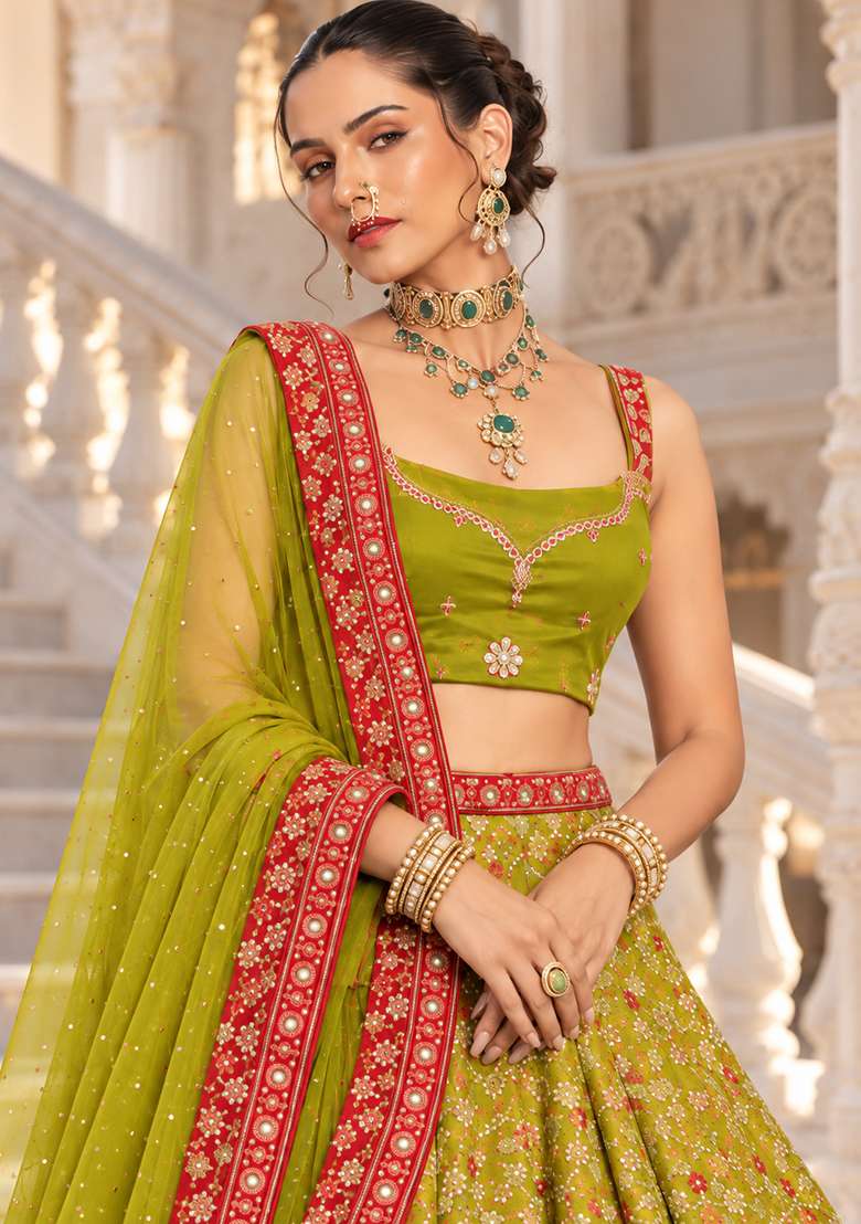Lime Yellow Cutdana Embellished Net Lehenga Set with Matching Dupatta - Indya