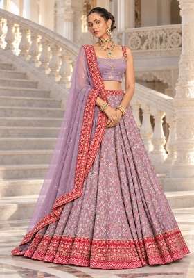 Lavender Cutdana Embellished Net Lehenga Set with Matching Dupatta