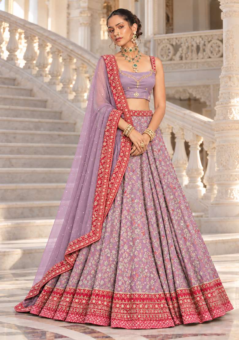 Lavender Cutdana Embellished Net Lehenga Set with Matching Dupatta - Indya