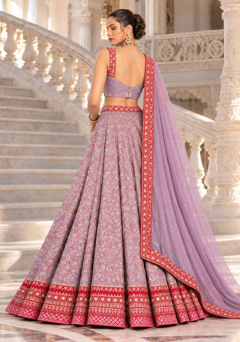 Lavender Cutdana Embellished Net Lehenga Set with Matching Dupatta - Indya
