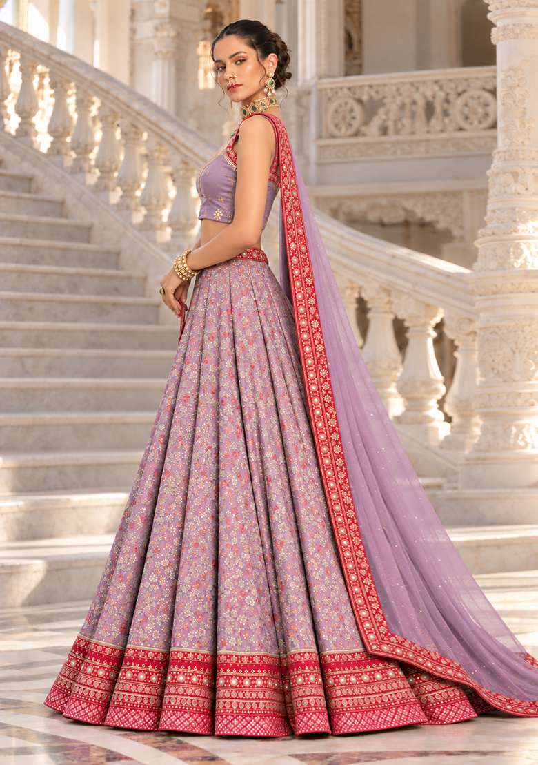 Lavender Cutdana Embellished Net Lehenga Set with Matching Dupatta - Indya