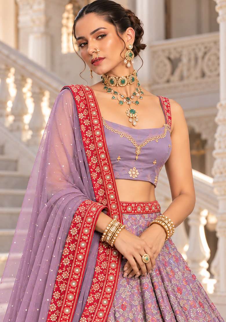 Lavender Cutdana Embellished Net Lehenga Set with Matching Dupatta - Indya