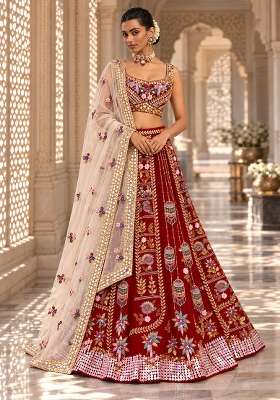 Maroon Sequin and Bead Embellished Chanderi Silk Lehenga Set with Organza Dupatta
