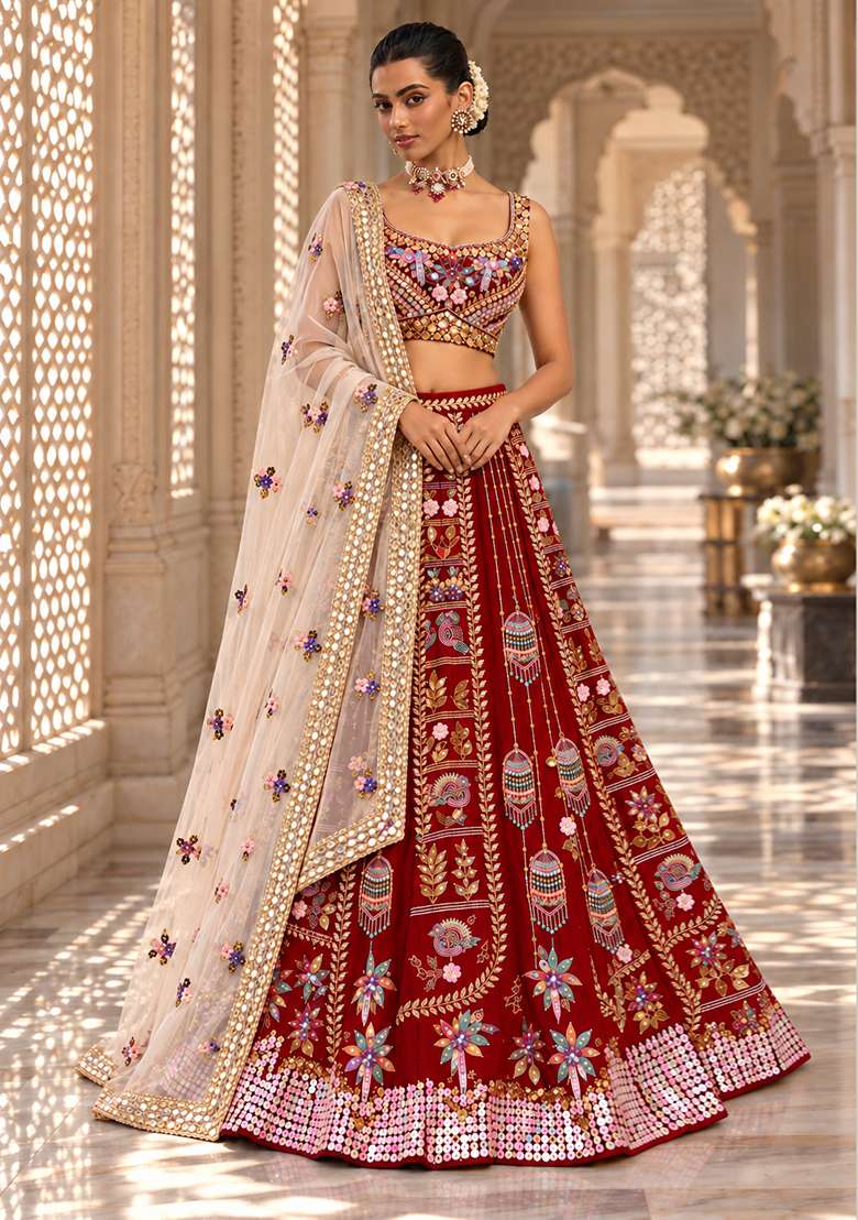 Maroon Sequin and Bead Embellished Chanderi Silk Lehenga Set with Organza Dupatta - Indya