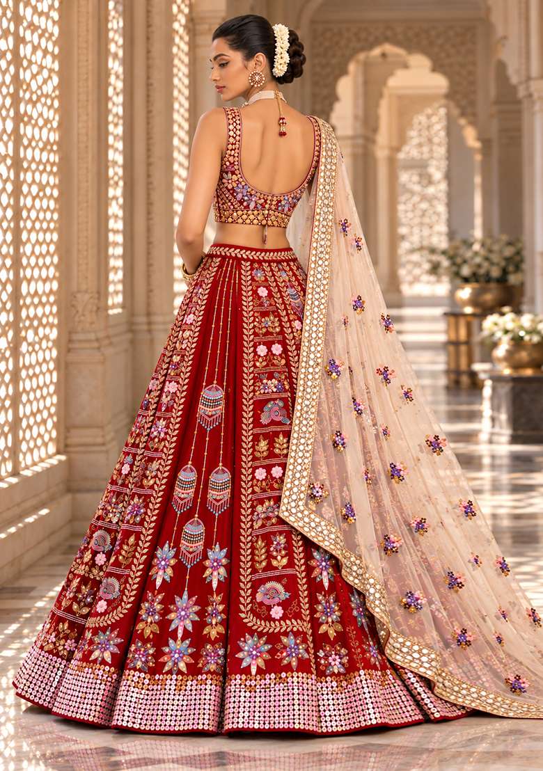 Maroon Sequin and Bead Embellished Chanderi Silk Lehenga Set with Organza Dupatta - Indya
