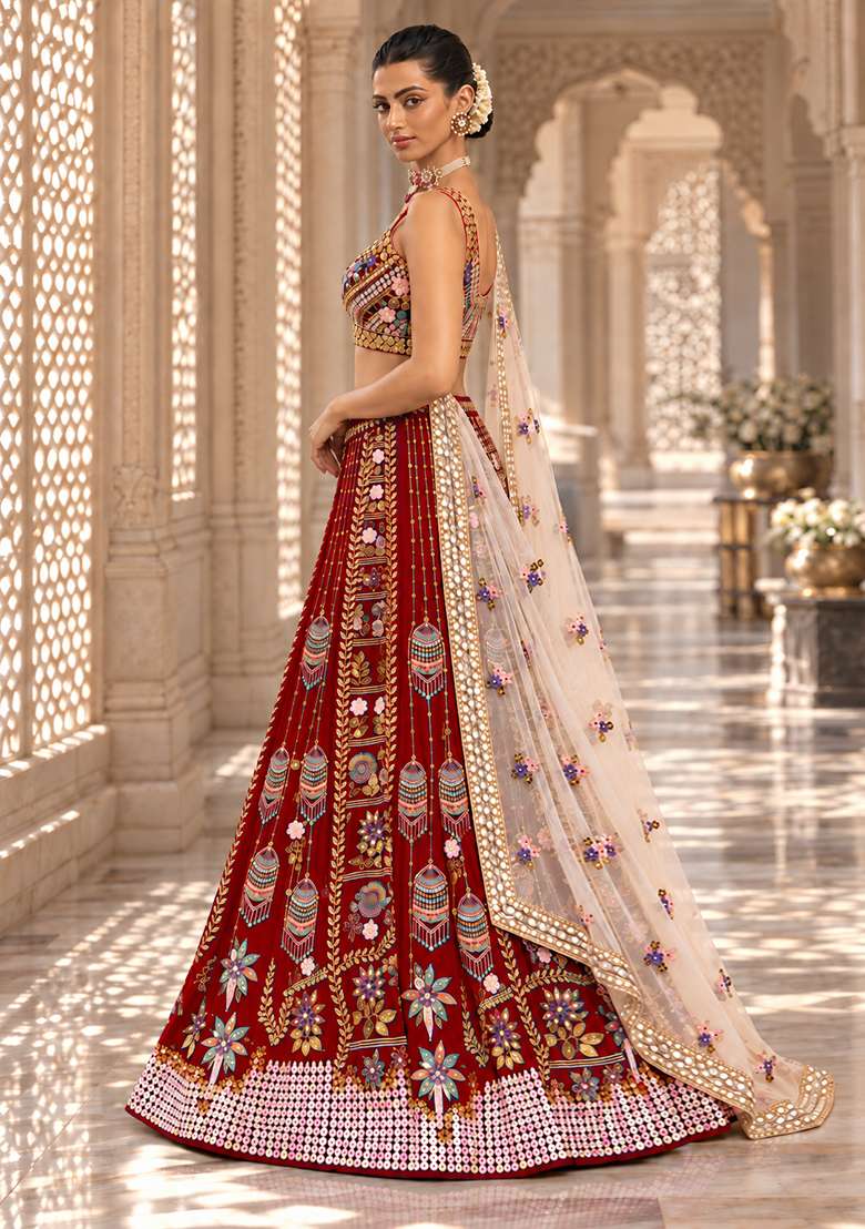 Maroon Sequin and Bead Embellished Chanderi Silk Lehenga Set with Organza Dupatta - Indya