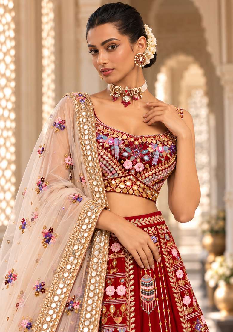 Maroon Sequin and Bead Embellished Chanderi Silk Lehenga Set with Organza Dupatta - Indya