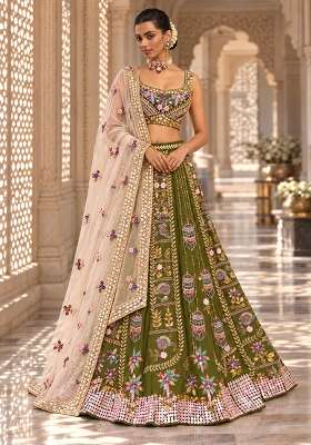 Moss Green Sequin and Bead Embellished Chanderi Silk Lehenga Set with Organza Dupatta