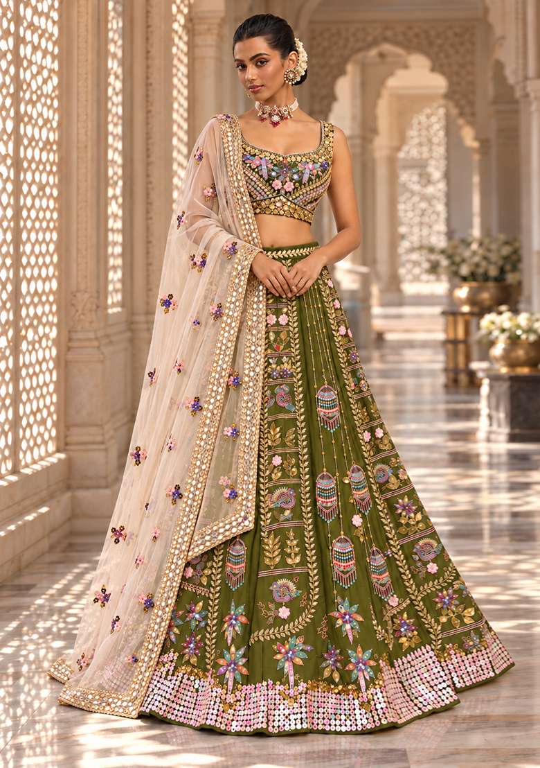 Moss Green Sequin and Bead Embellished Chanderi Silk Lehenga Set with Organza Dupatta - Indya