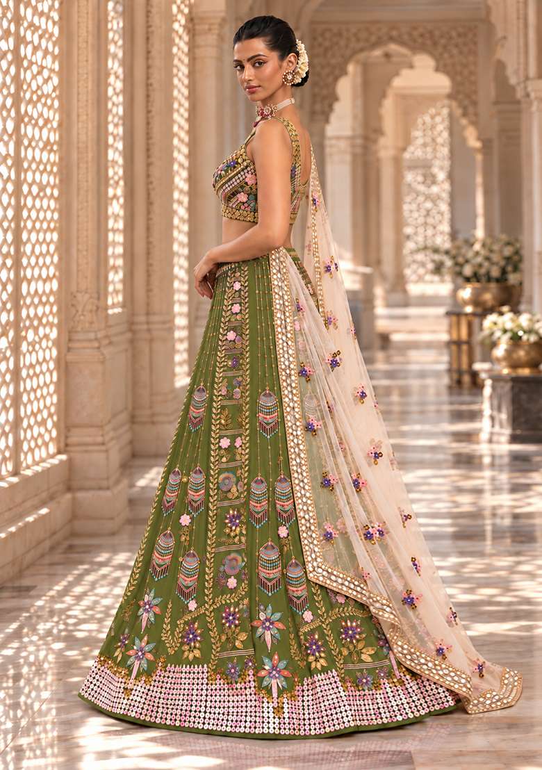 Moss Green Sequin and Bead Embellished Chanderi Silk Lehenga Set with Organza Dupatta - Indya