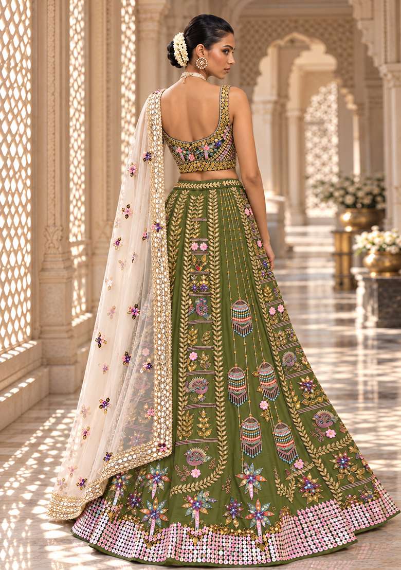 Moss Green Sequin and Bead Embellished Chanderi Silk Lehenga Set with Organza Dupatta - Indya