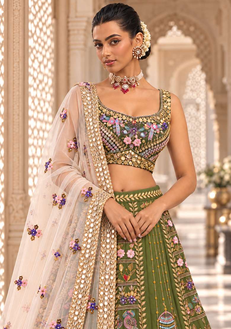 Moss Green Sequin and Bead Embellished Chanderi Silk Lehenga Set with Organza Dupatta - Indya