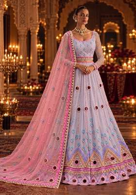 Lavender Mirror and Bead Embellished Net Lehenga Set with Matching Dupatta