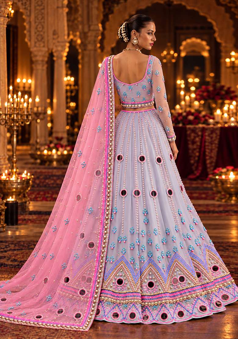 Lavender Mirror and Bead Embellished Net Lehenga Set with Matching Dupatta - Indya
