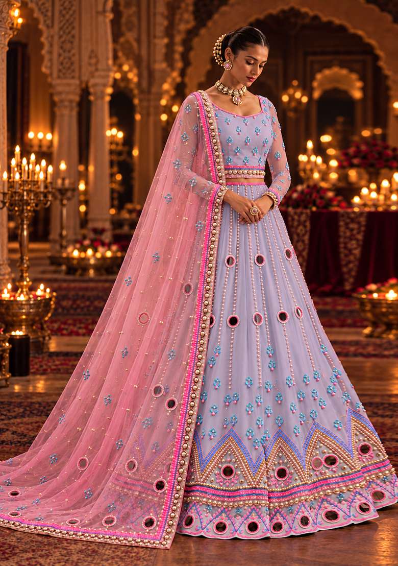 Lavender Mirror and Bead Embellished Net Lehenga Set with Matching Dupatta - Indya