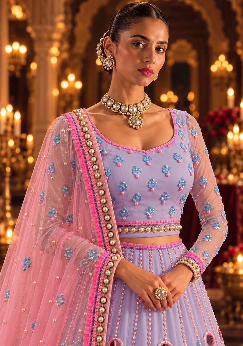 Lavender Mirror and Bead Embellished Net Lehenga Set with Matching Dupatta - Indya