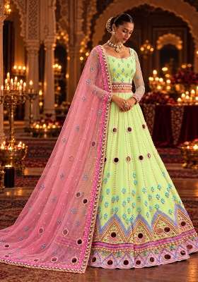 Lime Green Mirror and Bead Embellished Net Lehenga Set with Matching Dupatta