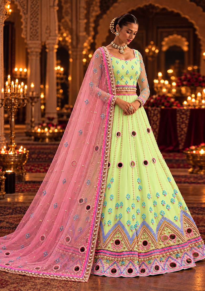 Lime Green Mirror and Bead Embellished Net Lehenga Set with Matching Dupatta - Indya