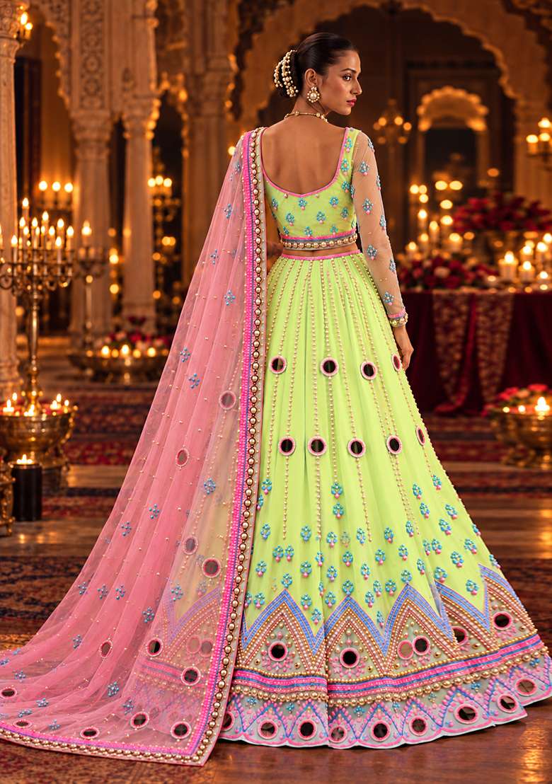 Lime Green Mirror and Bead Embellished Net Lehenga Set with Matching Dupatta - Indya