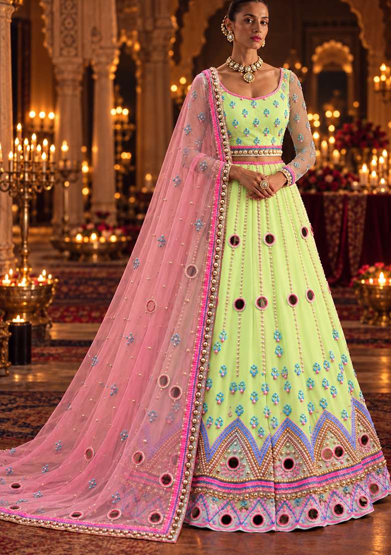 Lime Green Mirror and Bead Embellished Net Lehenga Set with Matching Dupatta - Indya